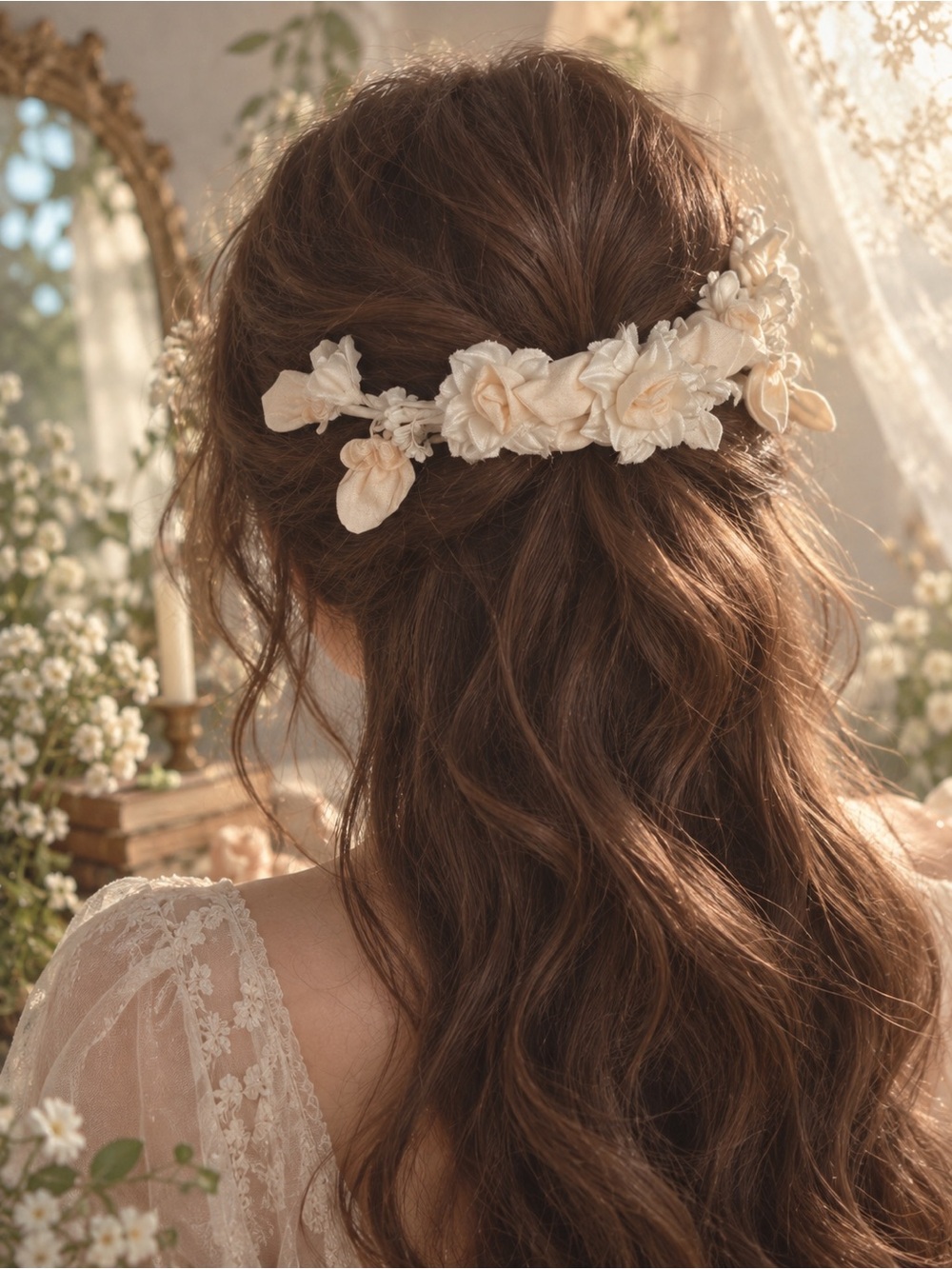 Vintage Bridal Floral Crown Headpiece Ivory Fabric Roses Wedding Hair Comb NOS